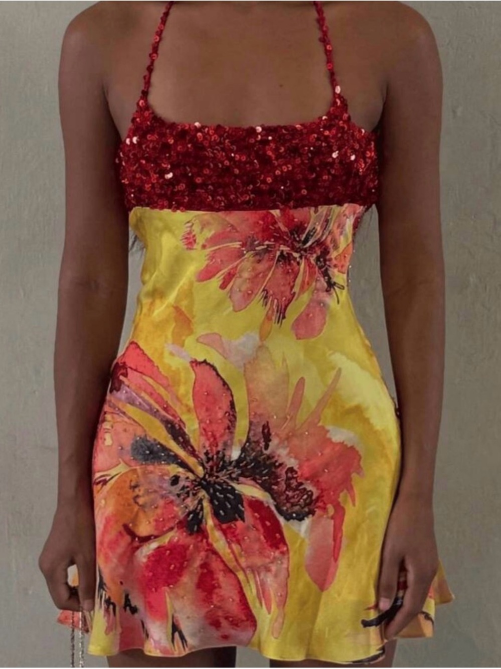 NWT- Red Sequin & Yellow Floral Slip Dress
